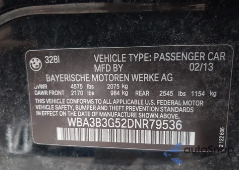 2013 BMW 328 Xi z USA, uszkodzony, nr VIN WBA3B3G52DNR79536